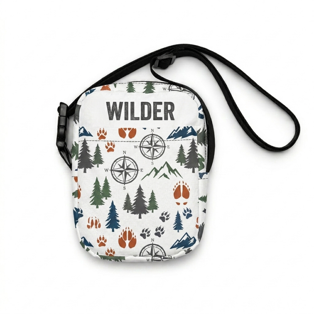 Custom All-Over Print Utility Crossbody Bag design direction 2: Botanical Sketch featuring the WILDER wordmark