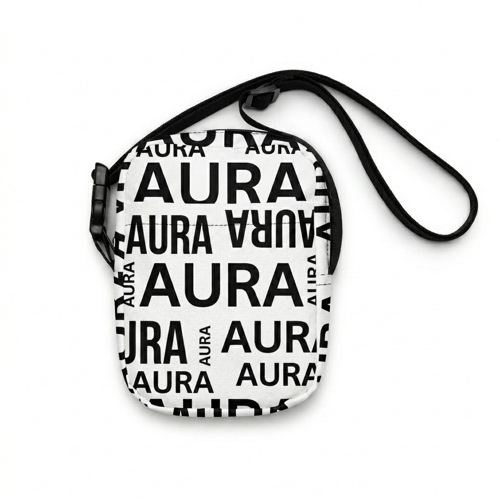 Custom All-Over Print Utility Crossbody Bag design direction 3: Abstract Gradient Flow featuring the AURA wordmark