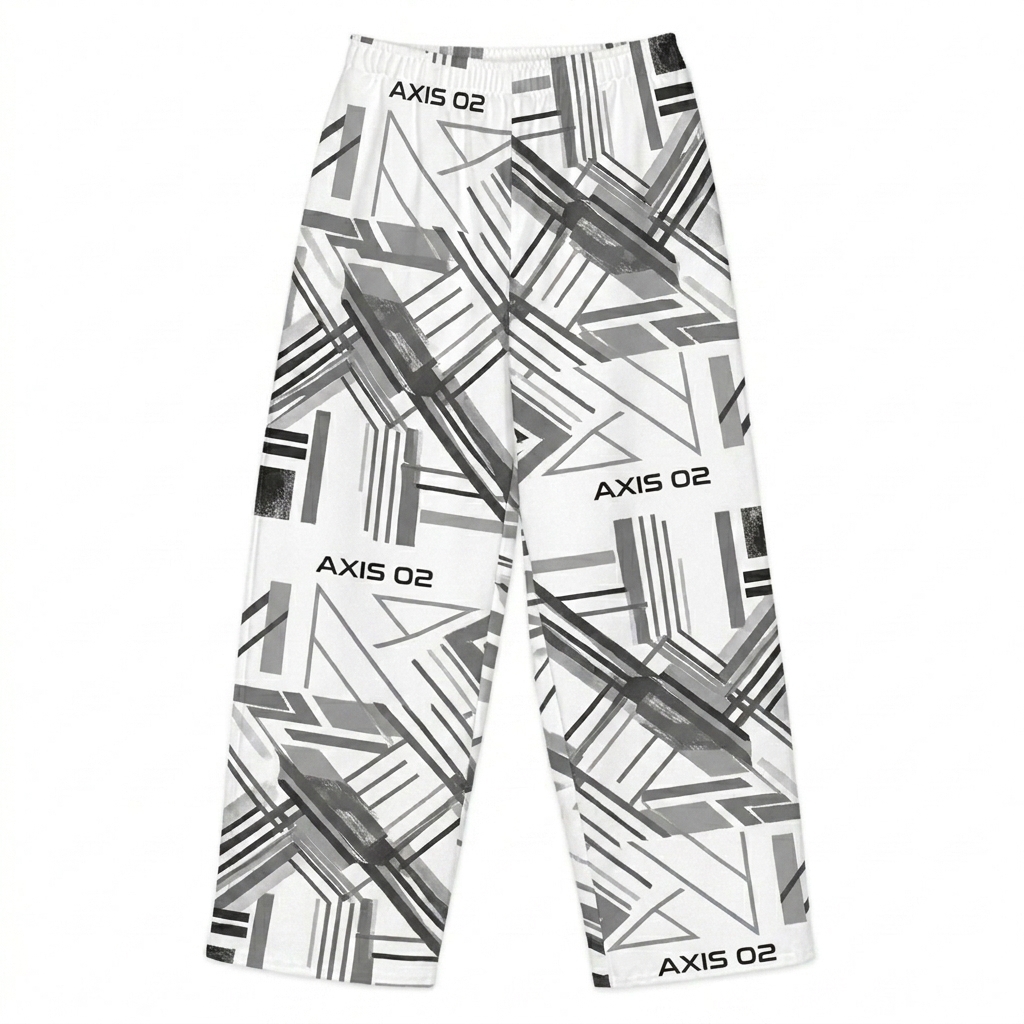 Custom All-Over Print Wide-Leg Pants design direction 1: Abstract Geometric Pattern featuring the AXIS 02 wordmark