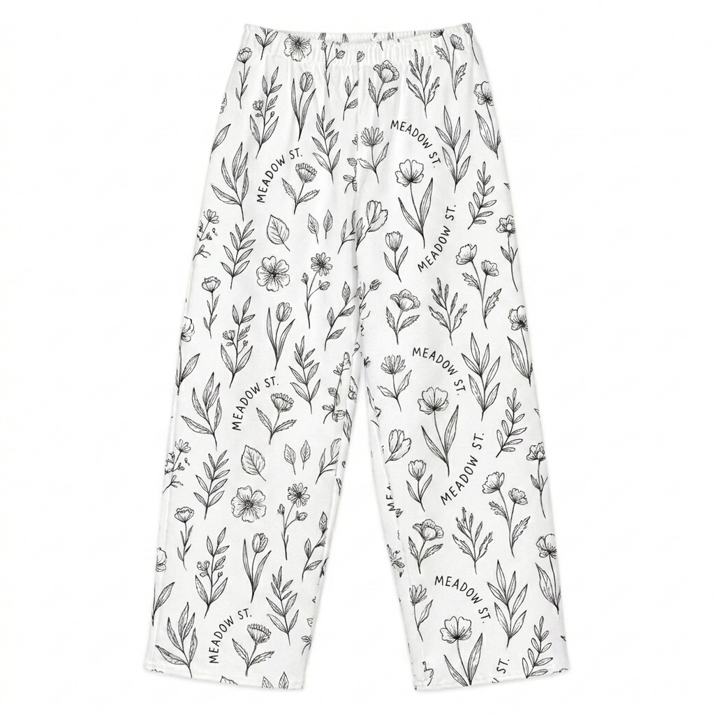 Custom All-Over Print Wide-Leg Pants design direction 2: Botanical Sketch Print featuring the MEADOW ST. wordmark