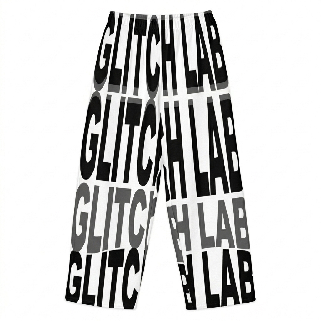 Custom All-Over Print Wide-Leg Pants design direction 3: Distorted Typography featuring the GLITCH LAB wordmark