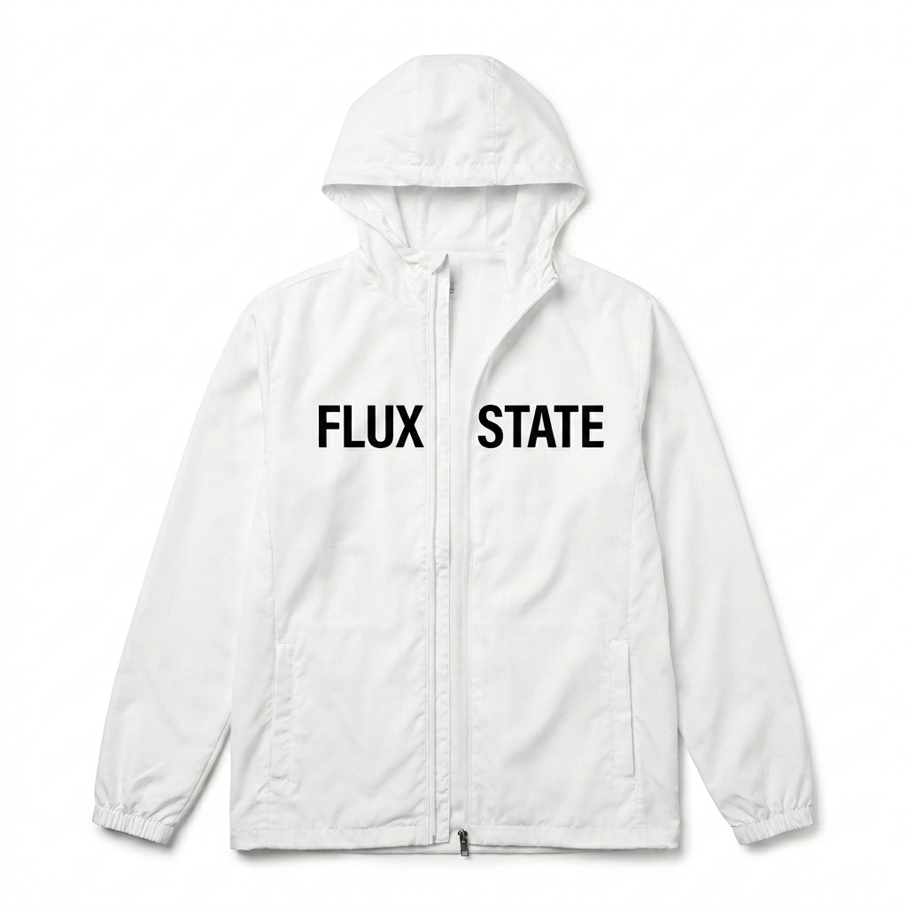 Custom All-Over Print Windbreaker design direction 2: Abstract Geometric Flow featuring the FLUX STATE wordmark