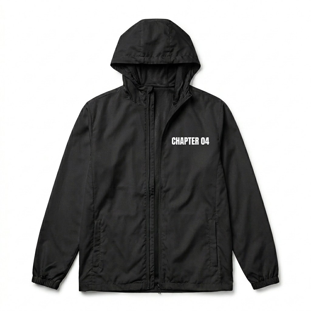 Custom All-Over Print Windbreaker design direction 3: Deconstructed Type Grid featuring the CHAPTER 04 wordmark