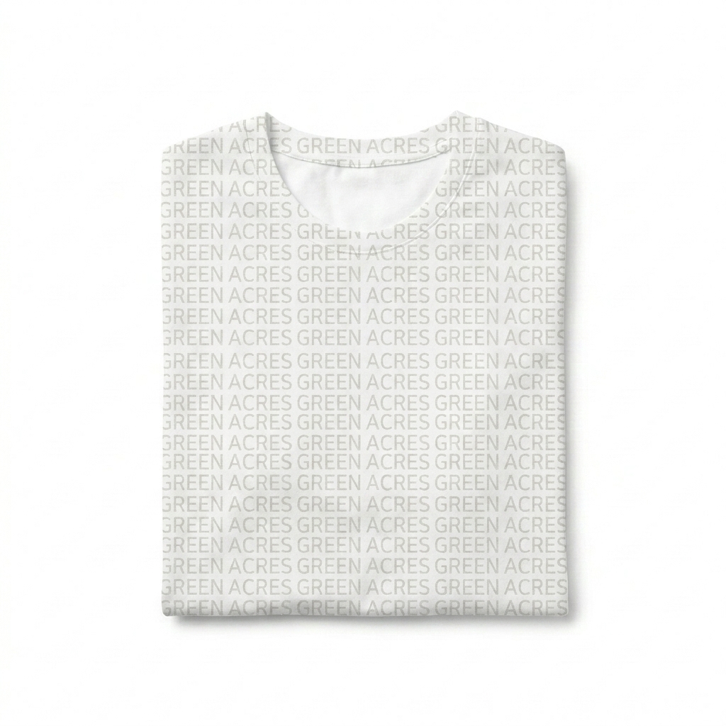 Custom All-Over Print Women’s Crew Neck T-Shirt design direction 1: Botanical Overlay featuring the GREEN ACRES wordmark