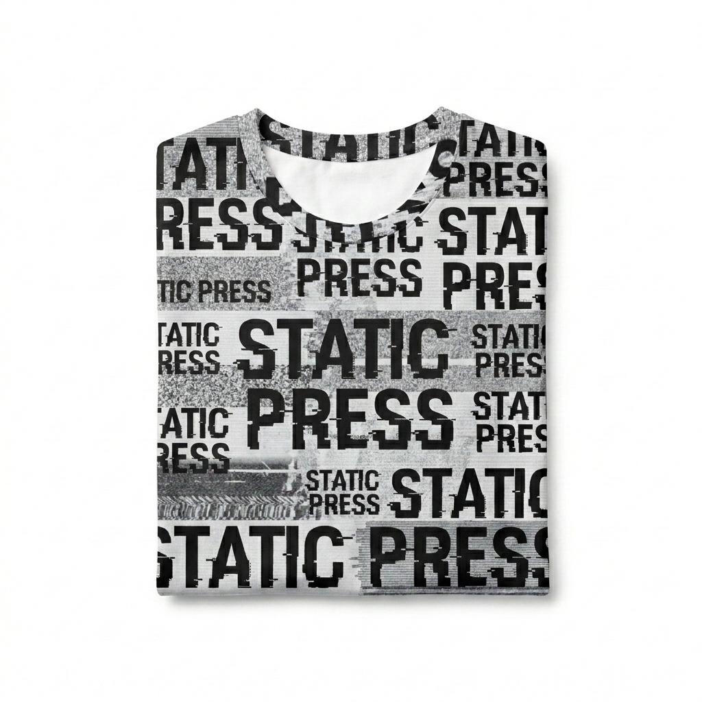 Custom All-Over Print Women’s Crew Neck T-Shirt design direction 3: Urban Texture featuring the STATIC PRESS wordmark