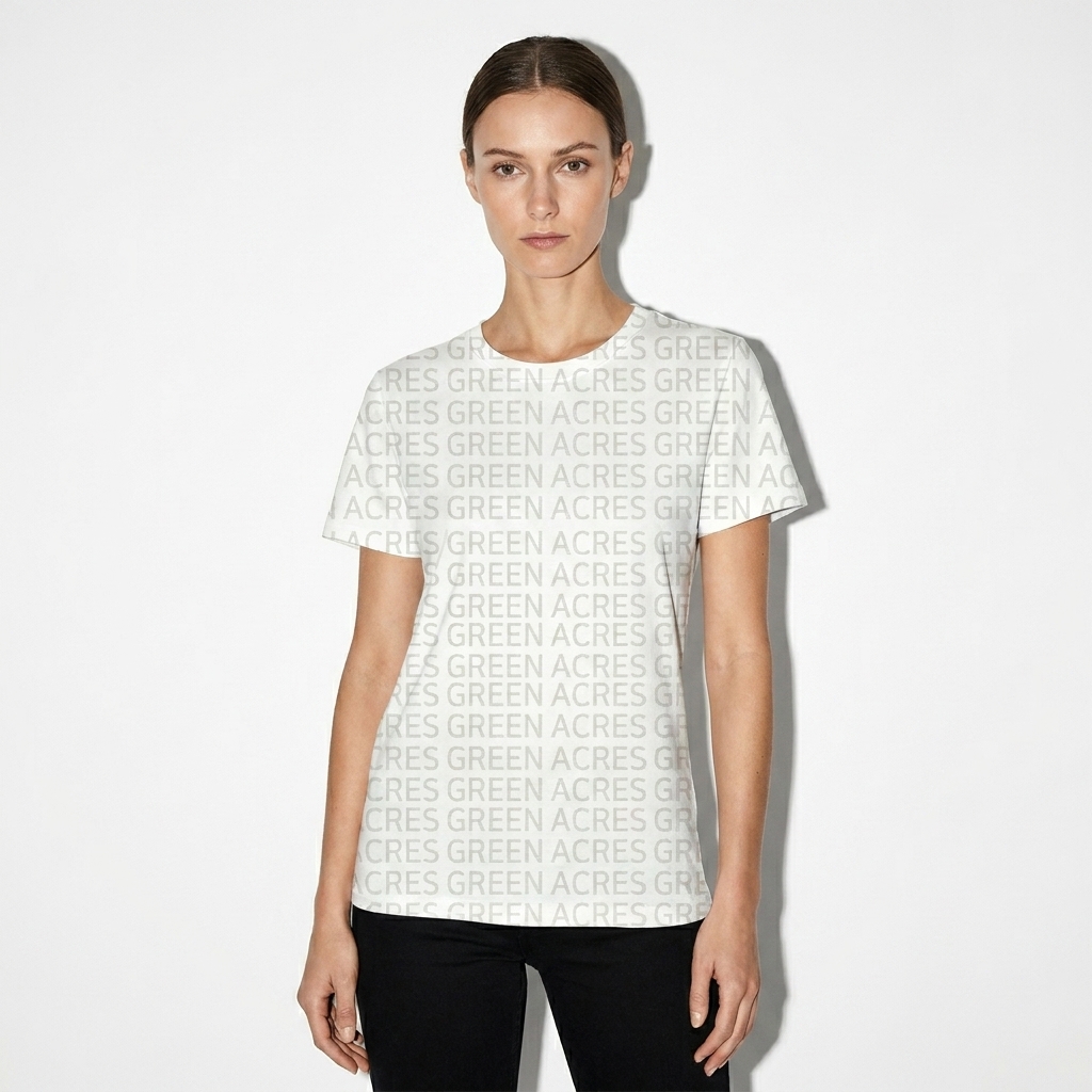 All-Over Print Women’s Crew Neck T-Shirt worn by a lean Australian female fashion influencer, sporty athleisure styling, studio lookbook — custom all-over print women’s crew neck t-shirt