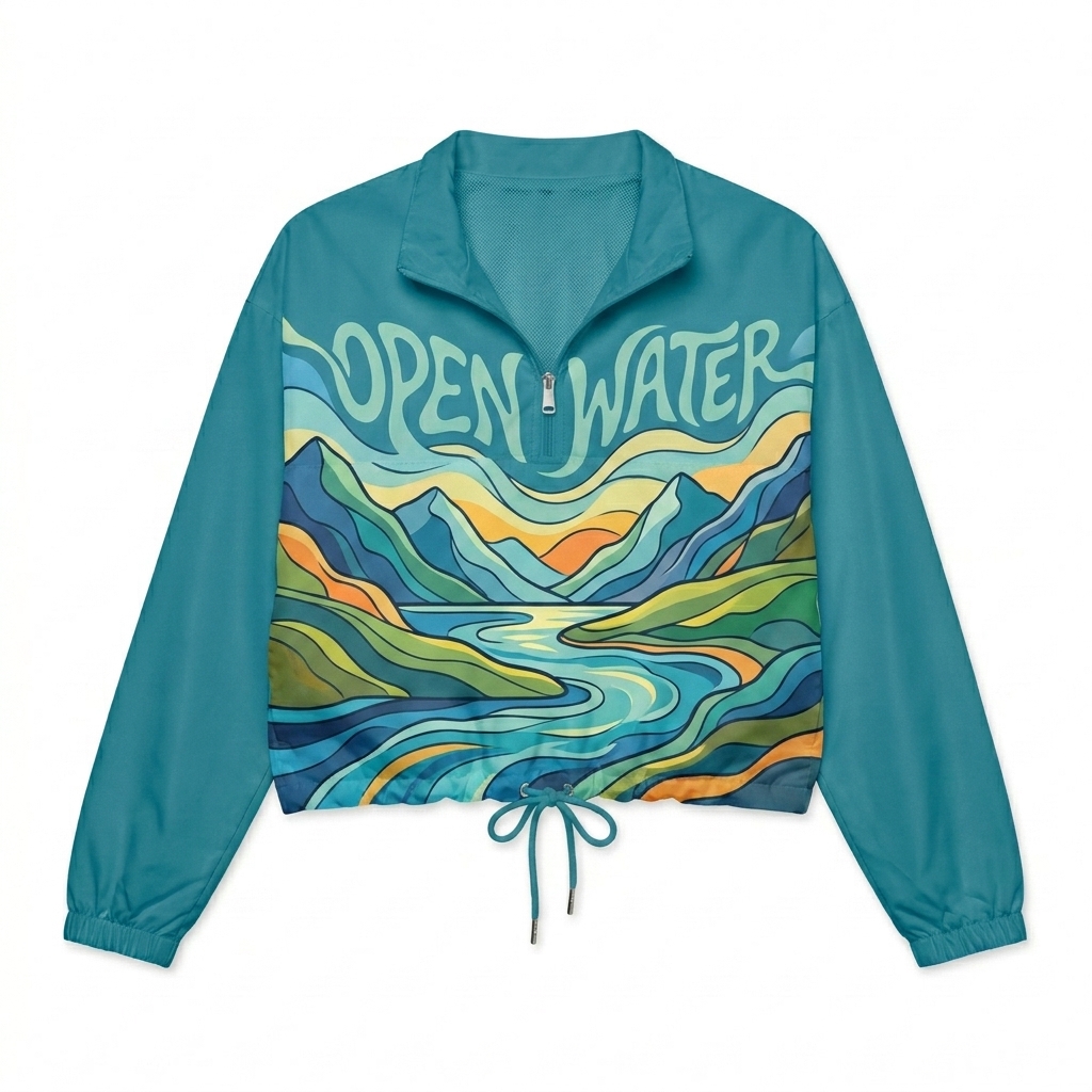 Custom All-Over Print Women's Cropped Windbreaker design direction 1: Abstract Landscape Print featuring the OPEN WATER wordmark
