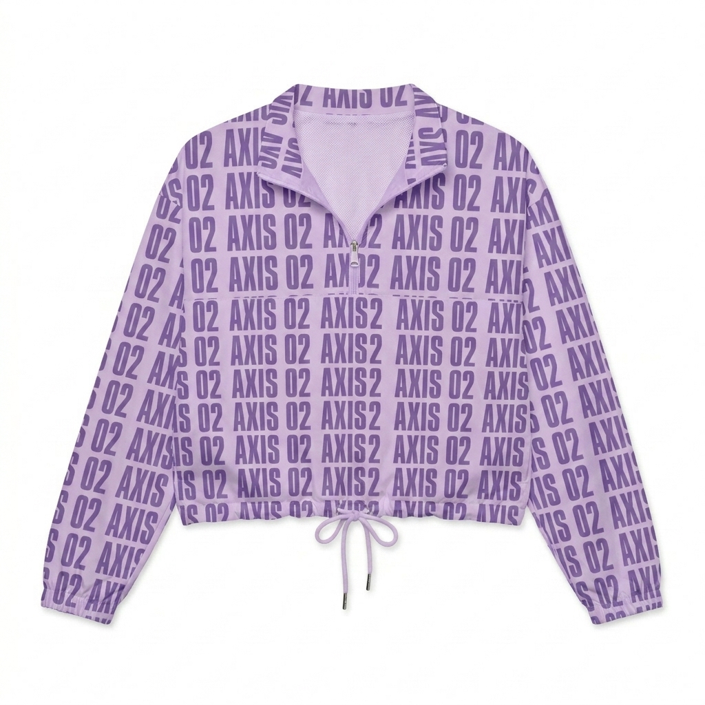 Custom All-Over Print Women's Cropped Windbreaker design direction 2: Vertical Typography Experiment featuring the AXIS 02 wordmark