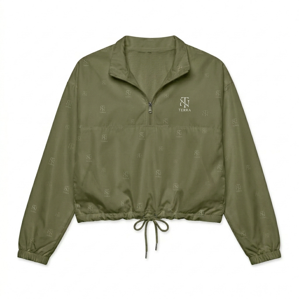 Custom All-Over Print Women's Cropped Windbreaker design direction 3: Minimal Monogram Emblem featuring the TERRA wordmark