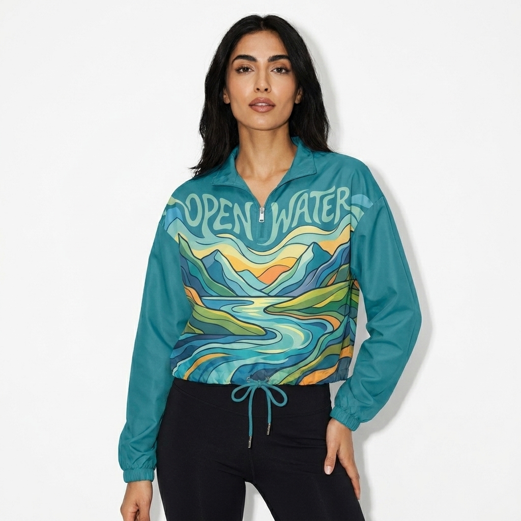 All-Over Print Women's Cropped Windbreaker worn by a lean Persian female fashion influencer, y2k revival styling, studio lookbook — custom all-over print women's cropped windbreaker