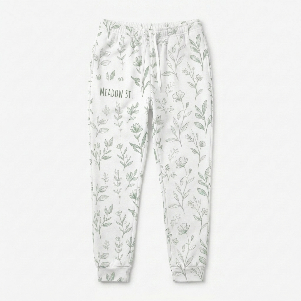 Custom All-Over Print Women's Joggers design direction 2: Botanical Sketch Print featuring the MEADOW ST. wordmark