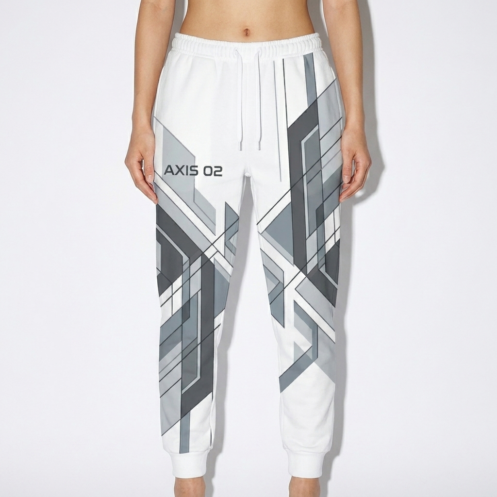 All-Over Print Women's Joggers worn by a lean East Asian female fashion influencer, workwear utility styling, studio lookbook — custom all-over print women's joggers