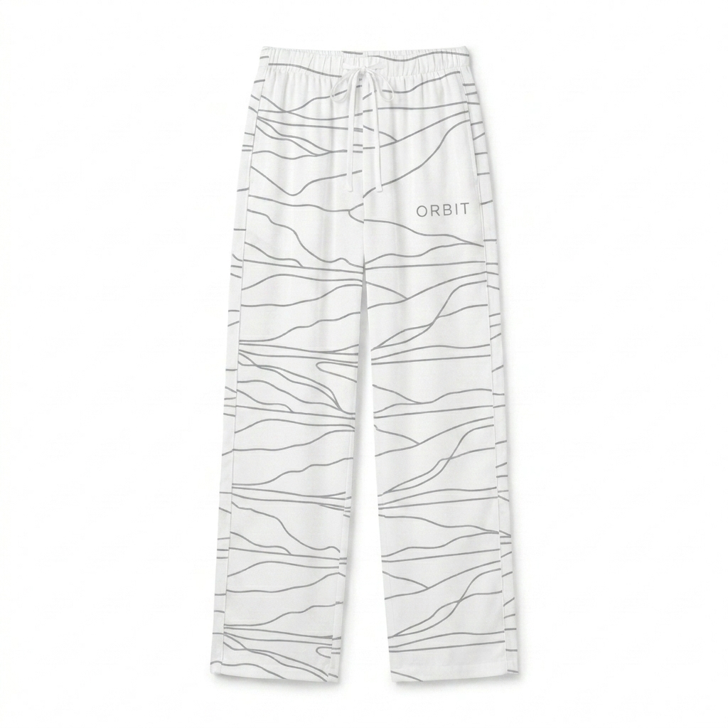 Custom All-Over Print Women's Pajama Pants design direction 1: Abstract Horizon Print featuring the ORBIT wordmark