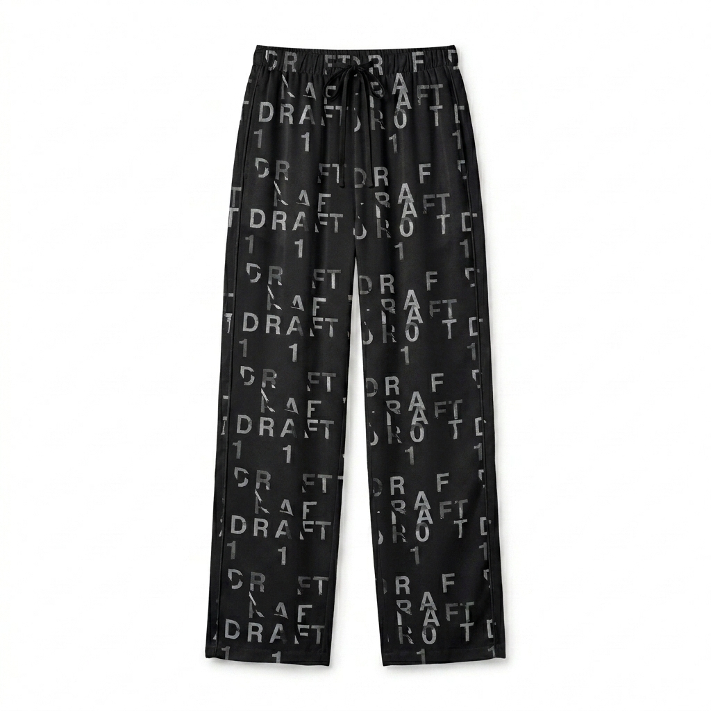 Custom All-Over Print Women's Pajama Pants design direction 3: Algorithmic Text Grid featuring the DRAFT 01 wordmark