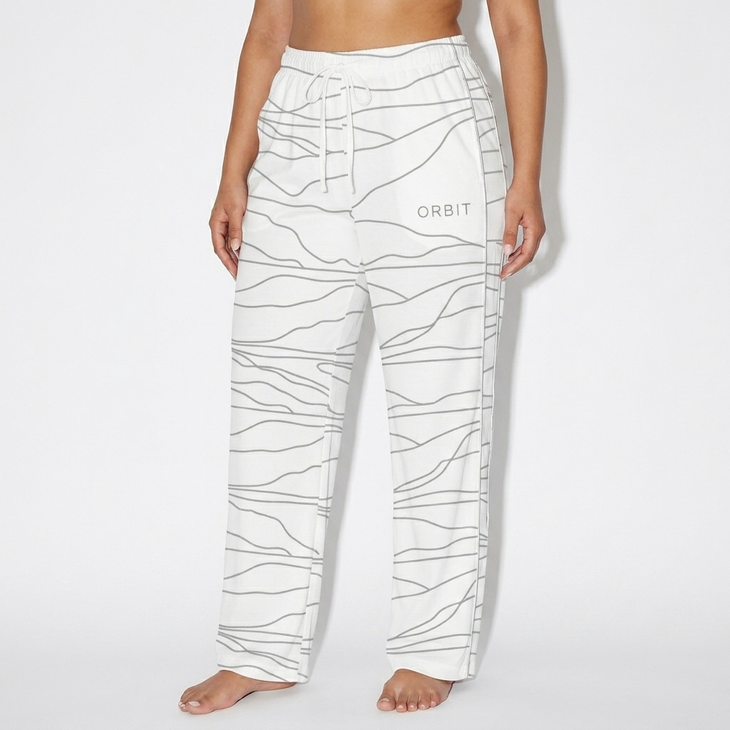 All-Over Print Women's Pajama Pants worn by a curvy Persian female fashion influencer, downtown streetwear styling, studio lookbook — custom all-over print women's pajama pants
