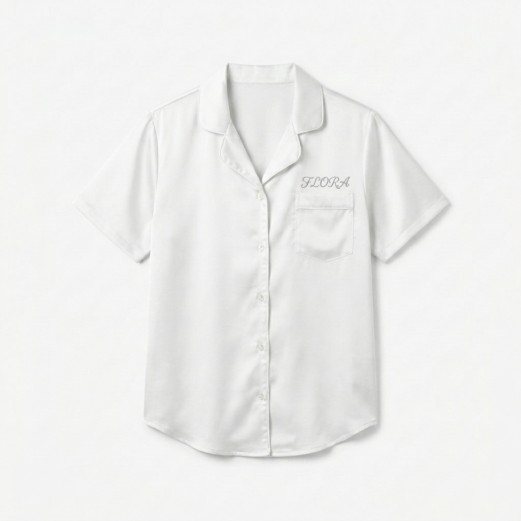 Custom All-Over Print Women's Pajama Top design direction 2: Abstract Botanical Flow featuring the FLORA wordmark