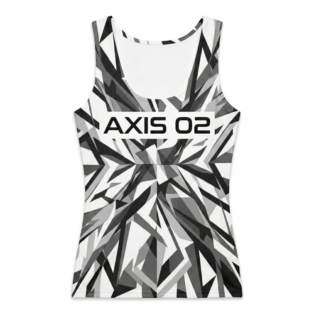 Custom All-Over Print Women's Tank Top design direction 1: Abstract Geometric Pattern featuring the AXIS 02 wordmark