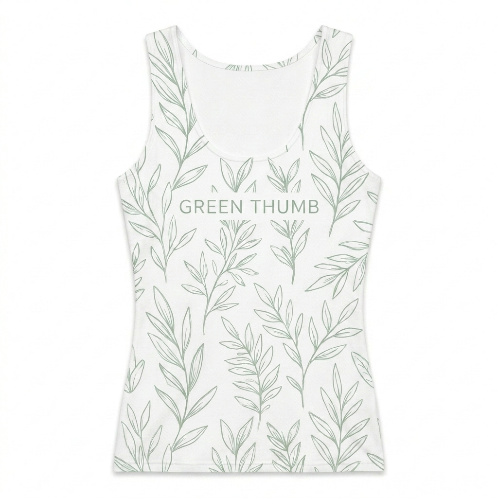 Custom All-Over Print Women's Tank Top design direction 2: Botanical Sketch Motif featuring the GREEN THUMB wordmark