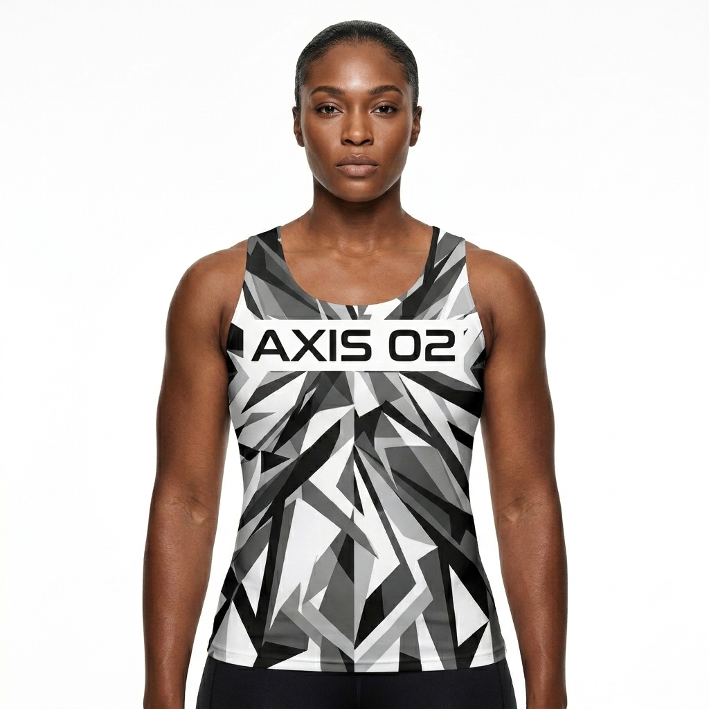 All-Over Print Women's Tank Top worn by a broad-shouldered East African female fashion influencer, workwear utility styling, studio lookbook — custom all-over print women's tank top