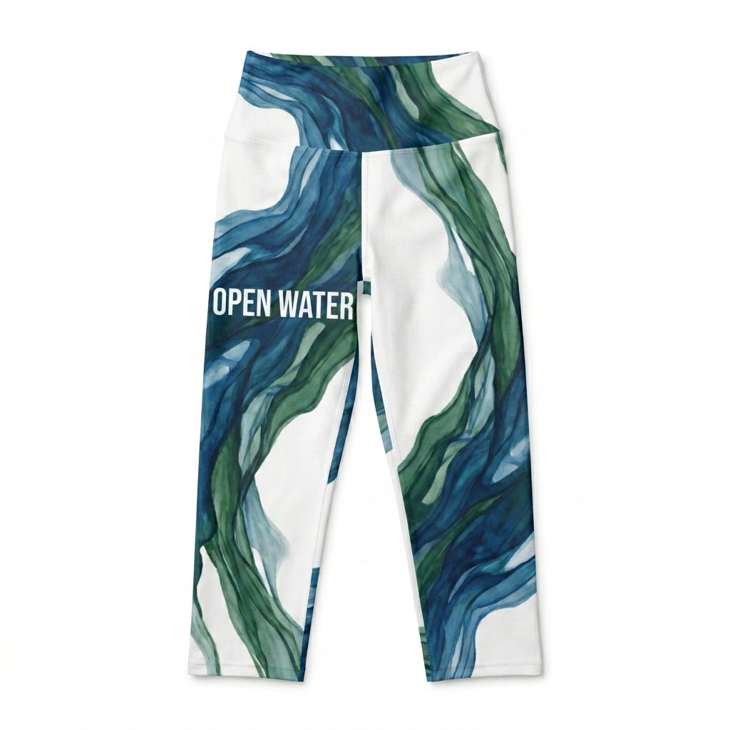 Custom All-Over Print Yoga Capri Leggings design direction 1: Abstract Organic Flow featuring the OPEN WATER wordmark