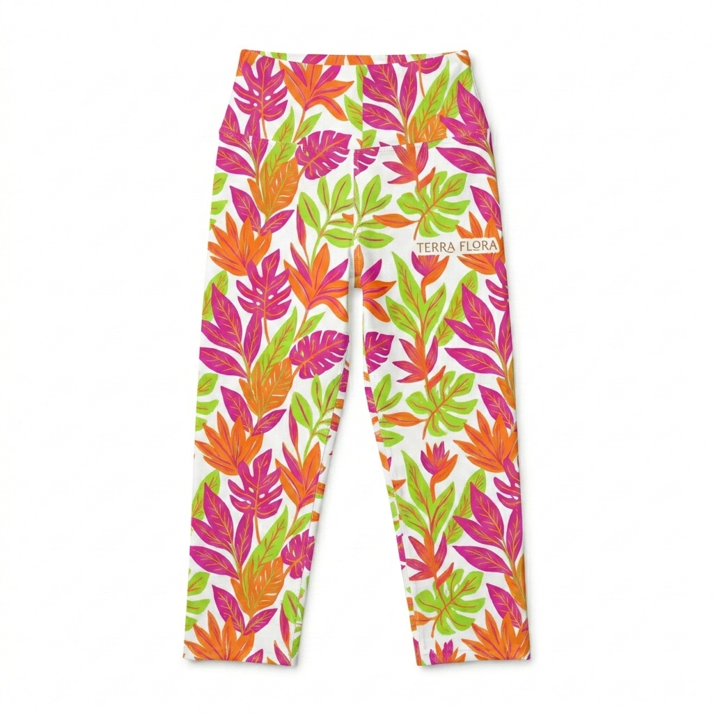 Custom All-Over Print Yoga Capri Leggings design direction 3: Vibrant Botanical Illustration featuring the TERRA FLORA wordmark