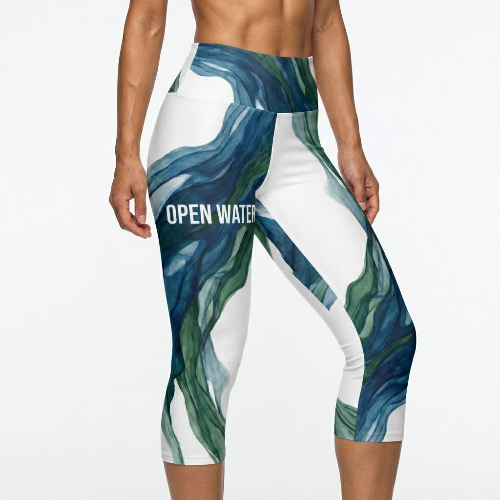 All-Over Print Yoga Capri Leggings worn by a toned Japanese female fashion influencer, sporty athleisure styling, studio lookbook — custom all-over print yoga capri leggings