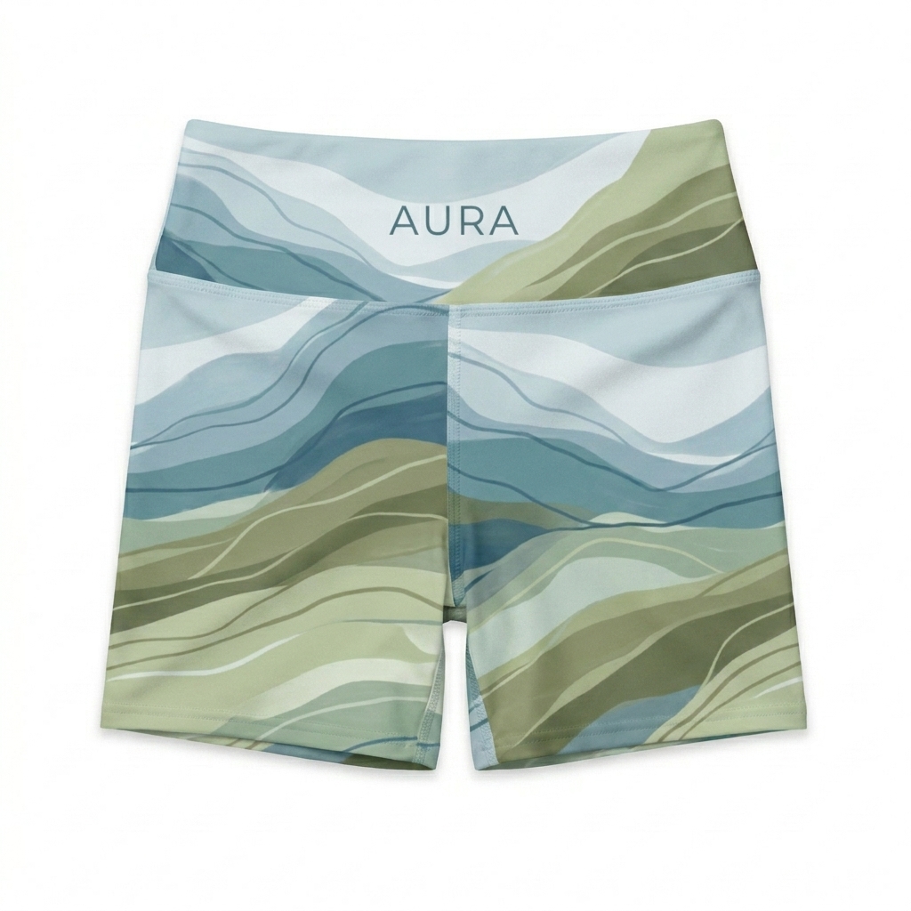 Custom All-Over Print Yoga Shorts design direction 1: Abstract Horizon featuring the AURA wordmark