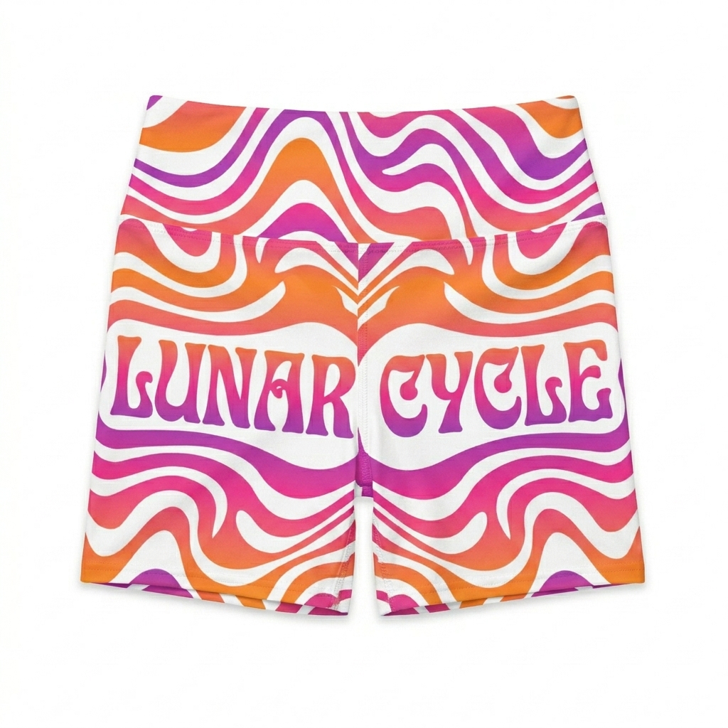 Custom All-Over Print Yoga Shorts design direction 2: Retro Wave Gradient featuring the LUNAR CYCLE wordmark