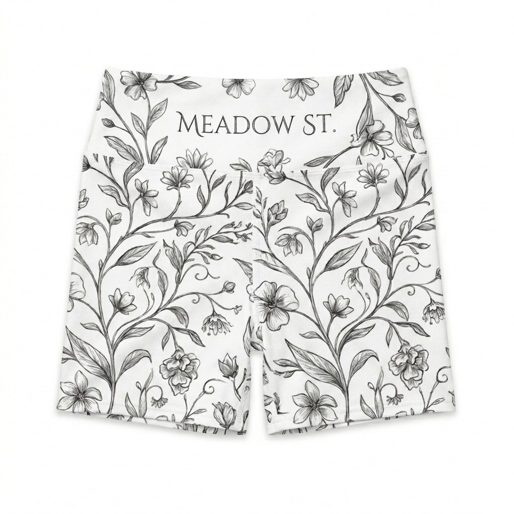 Custom All-Over Print Yoga Shorts design direction 3: Botanical Sketch featuring the MEADOW ST. wordmark