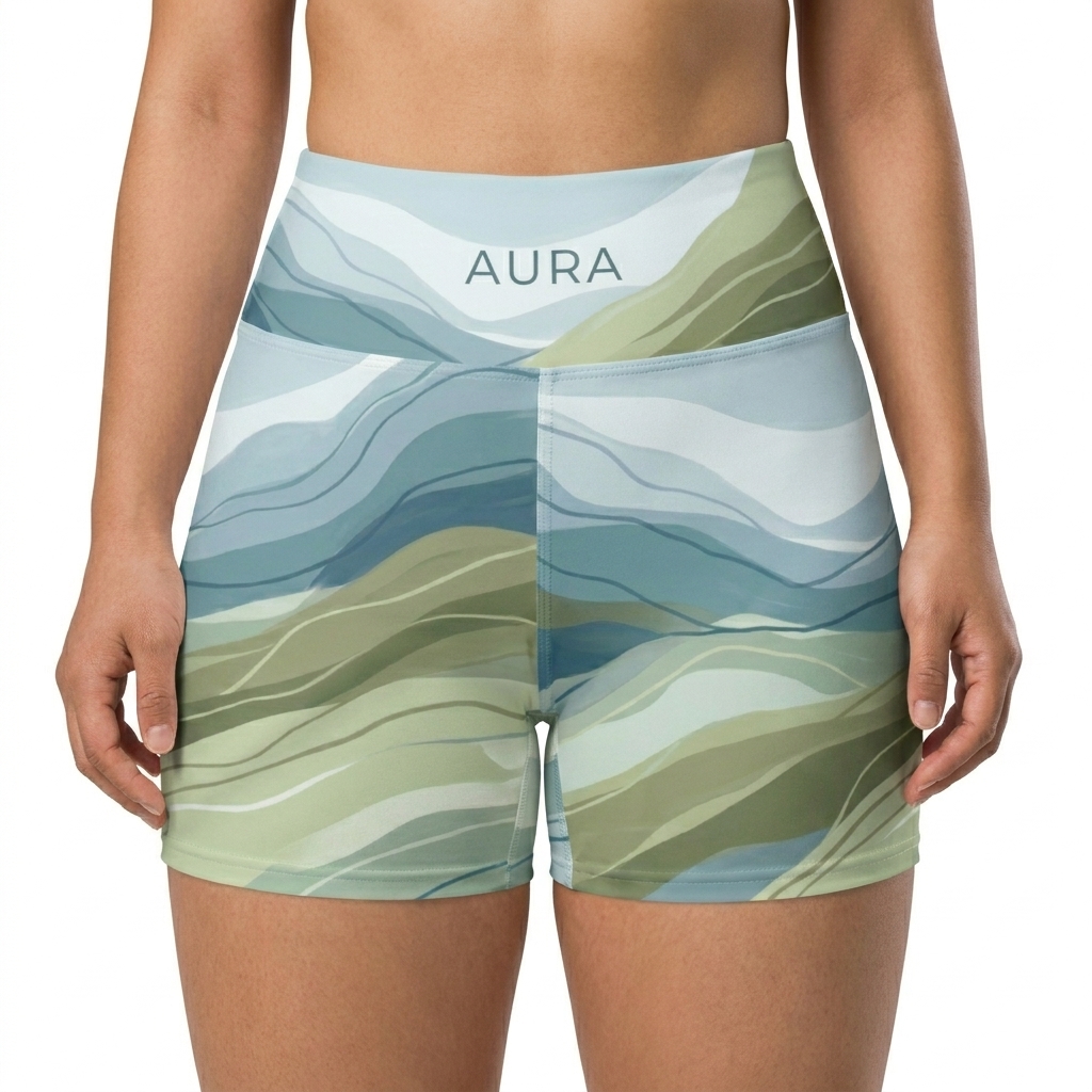 All-Over Print Yoga Shorts worn by a broad-shouldered Chinese female fashion influencer, gorpcore outdoor styling, studio lookbook — custom all-over print yoga shorts