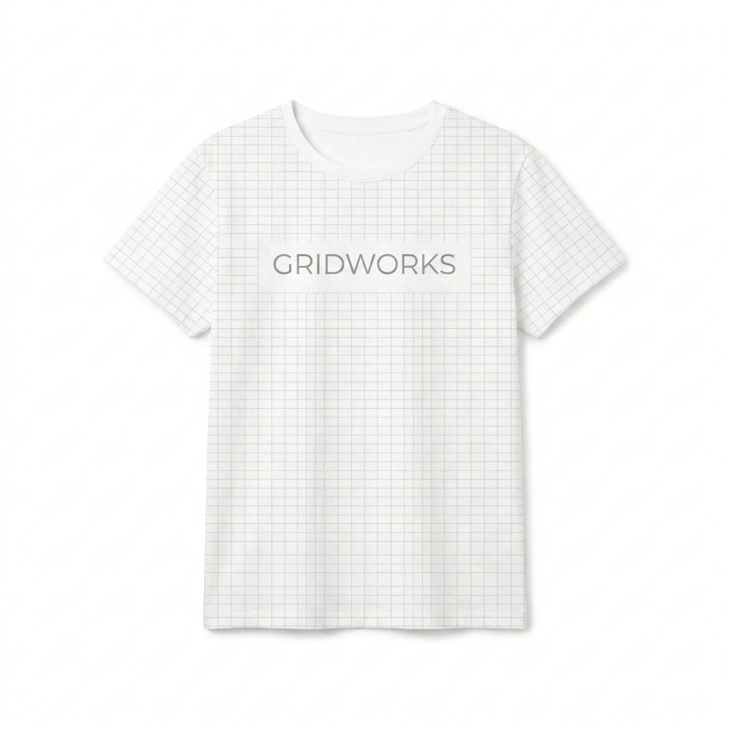Custom All-Over Print Youth T-Shirt design direction 1: Minimalist Grid Pattern featuring the GRIDWORKS wordmark