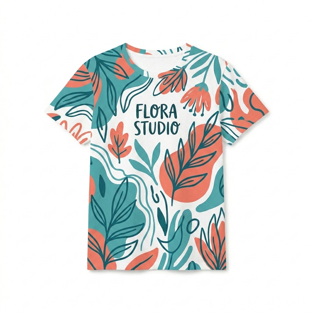 Custom All-Over Print Youth T-Shirt design direction 2: Abstract Botanical Print featuring the FLORA STUDIO wordmark