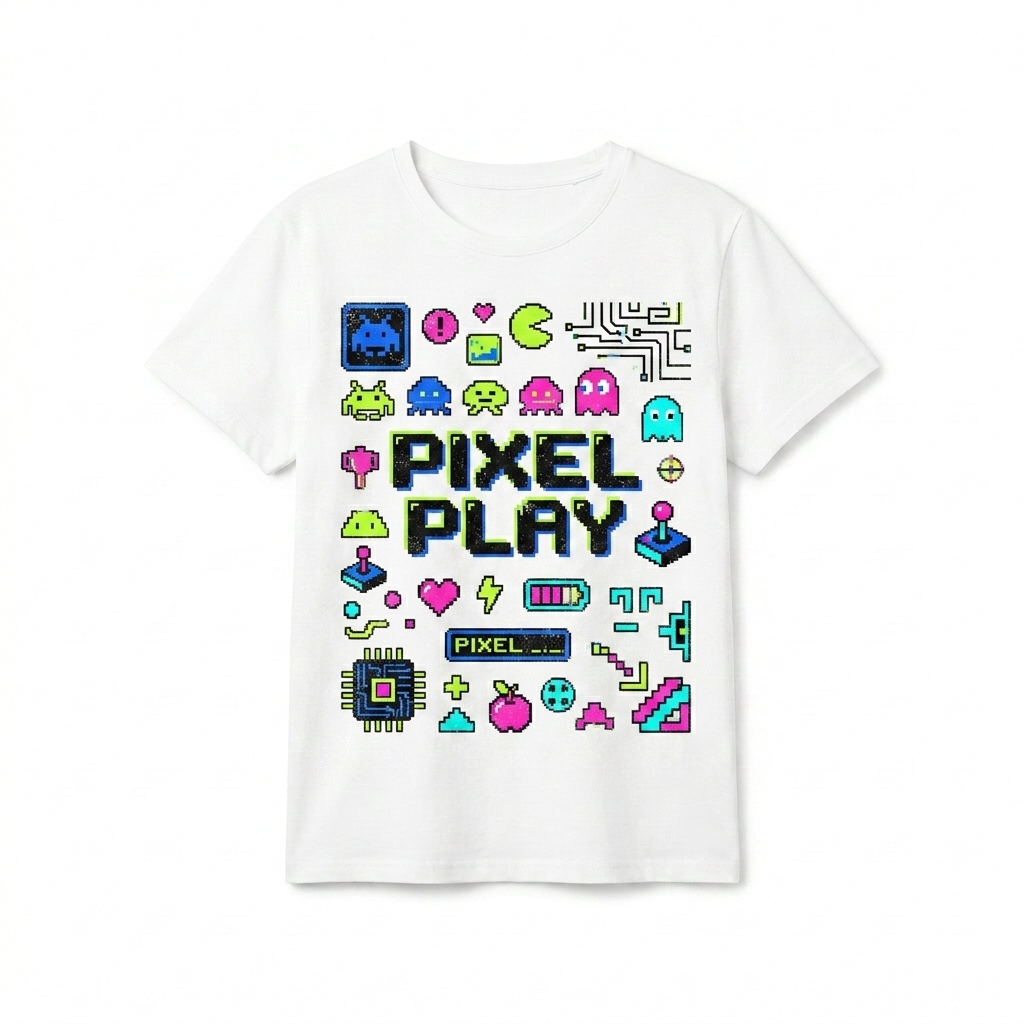 Custom All-Over Print Youth T-Shirt design direction 3: Retro Arcade Graphic featuring the PIXEL PLAY wordmark