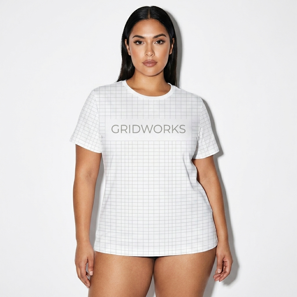 All-Over Print Youth T-Shirt worn by a curvy Latino female fashion influencer, clean-girl minimal styling, studio lookbook — custom all-over print youth t-shirt