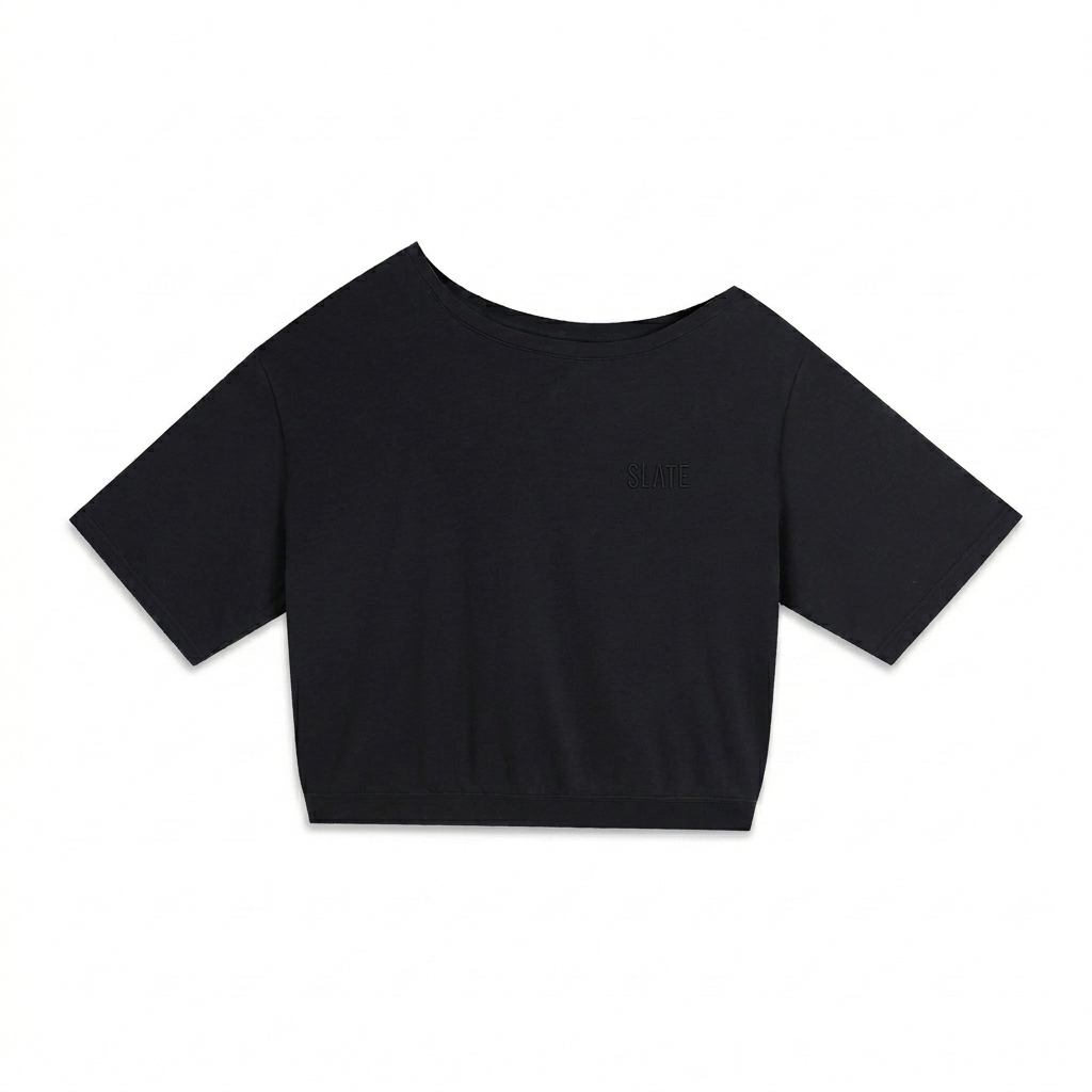 Custom Asymmetric Shoulder Oversized T-Shirt design direction 1: Tonal Minimalist Wordmark featuring the SLATE wordmark