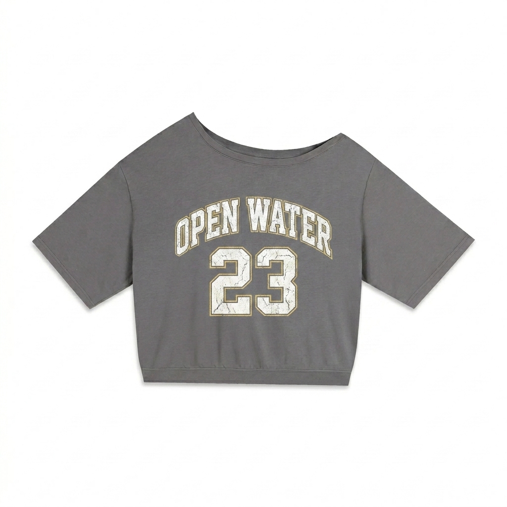 Custom Asymmetric Shoulder Oversized T-Shirt design direction 3: Retro Collegiate Emblem featuring the OPEN WATER wordmark