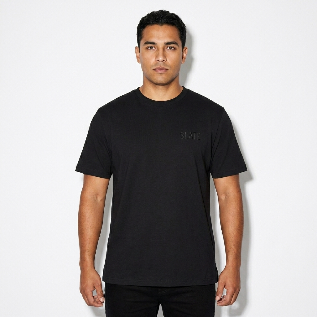 Athletic T-Shirt worn by a mid-size Hispanic male fashion influencer, downtown streetwear styling, studio lookbook — custom athletic t-shirt