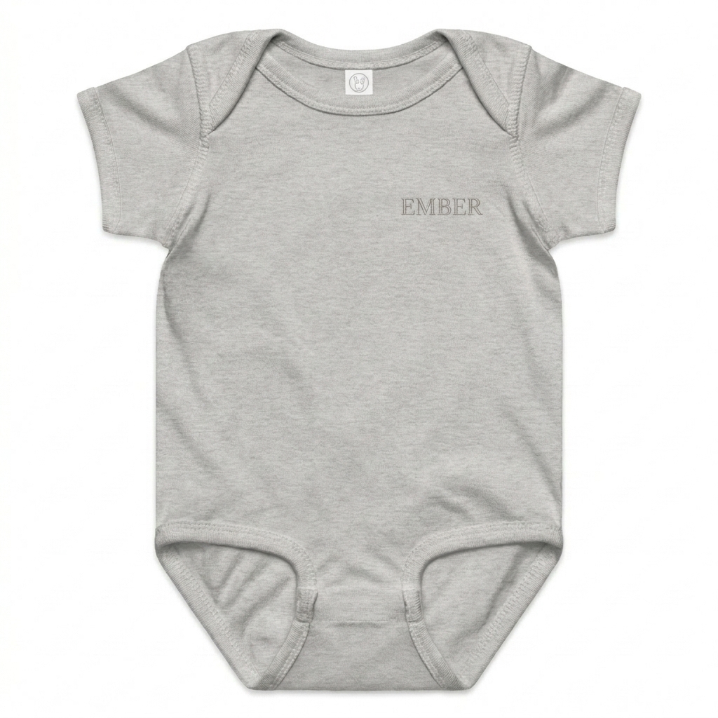 Custom Baby Jersey Bodysuit design direction 1: Tonal Minimalist Wordmark featuring the EMBER wordmark