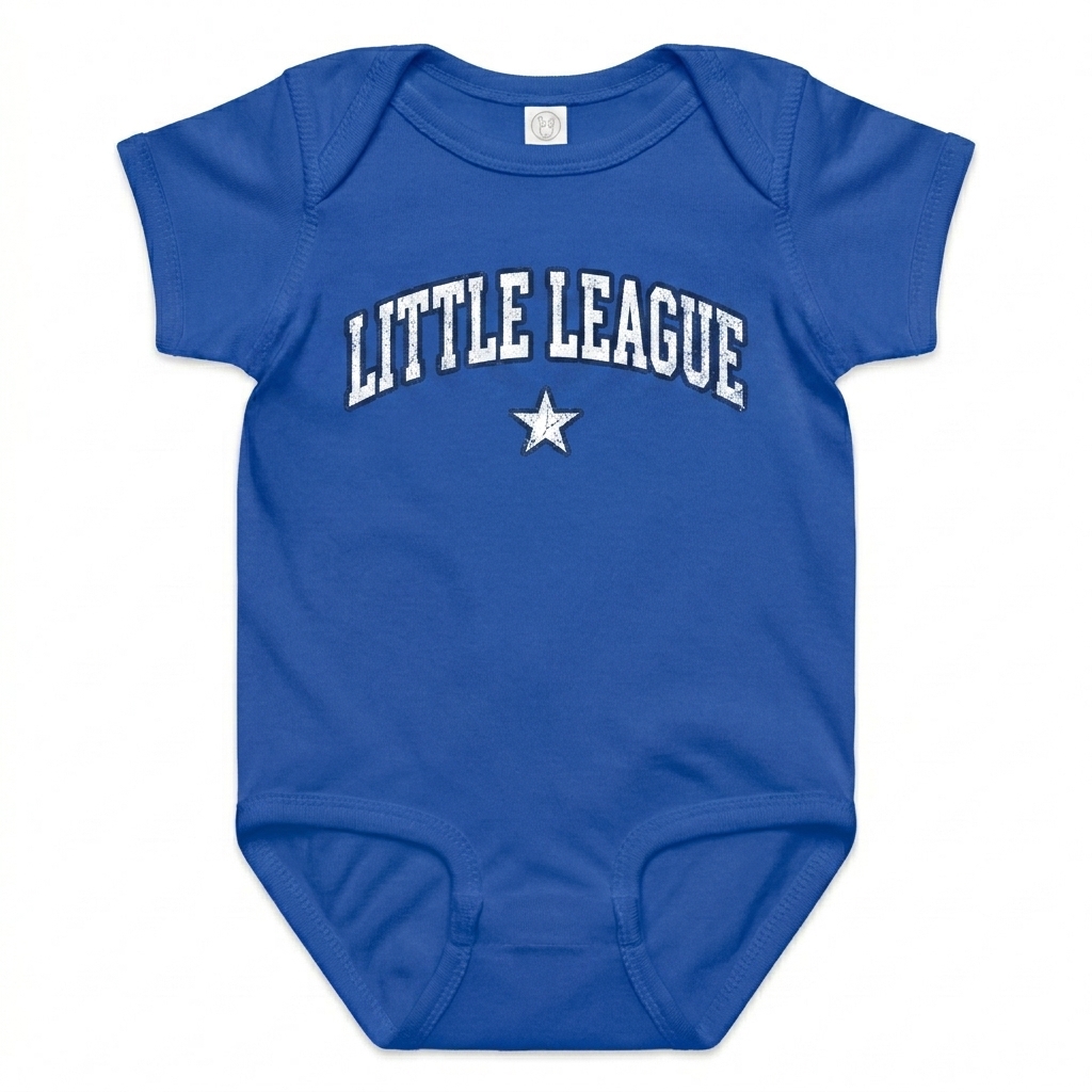 Custom Baby Jersey Bodysuit design direction 3: Retro Collegiate Emblem featuring the LITTLE LEAGUE wordmark