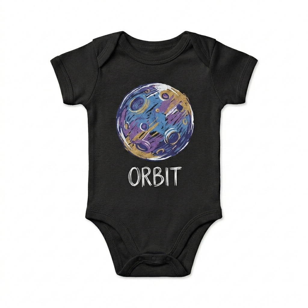 Custom Baby Short Sleeve Bodysuit design direction 2: Bold Graphic Illustration featuring the ORBIT wordmark