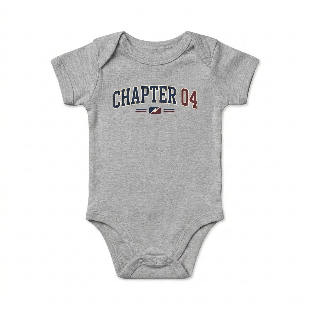 Custom Baby Short Sleeve Bodysuit design direction 3: Retro Collegiate Emblem featuring the CHAPTER 04 wordmark