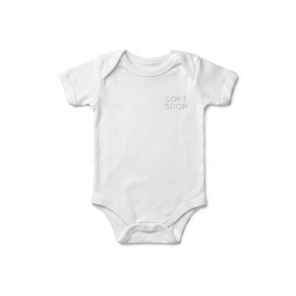 Custom Baby Short Sleeve One Piece design direction 1: Tonal Minimalist Wordmark featuring the SOFT SHOP wordmark