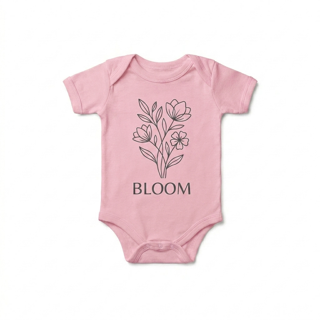 Custom Baby Short Sleeve One Piece design direction 2: Bold Botanical Graphic featuring the BLOOM wordmark