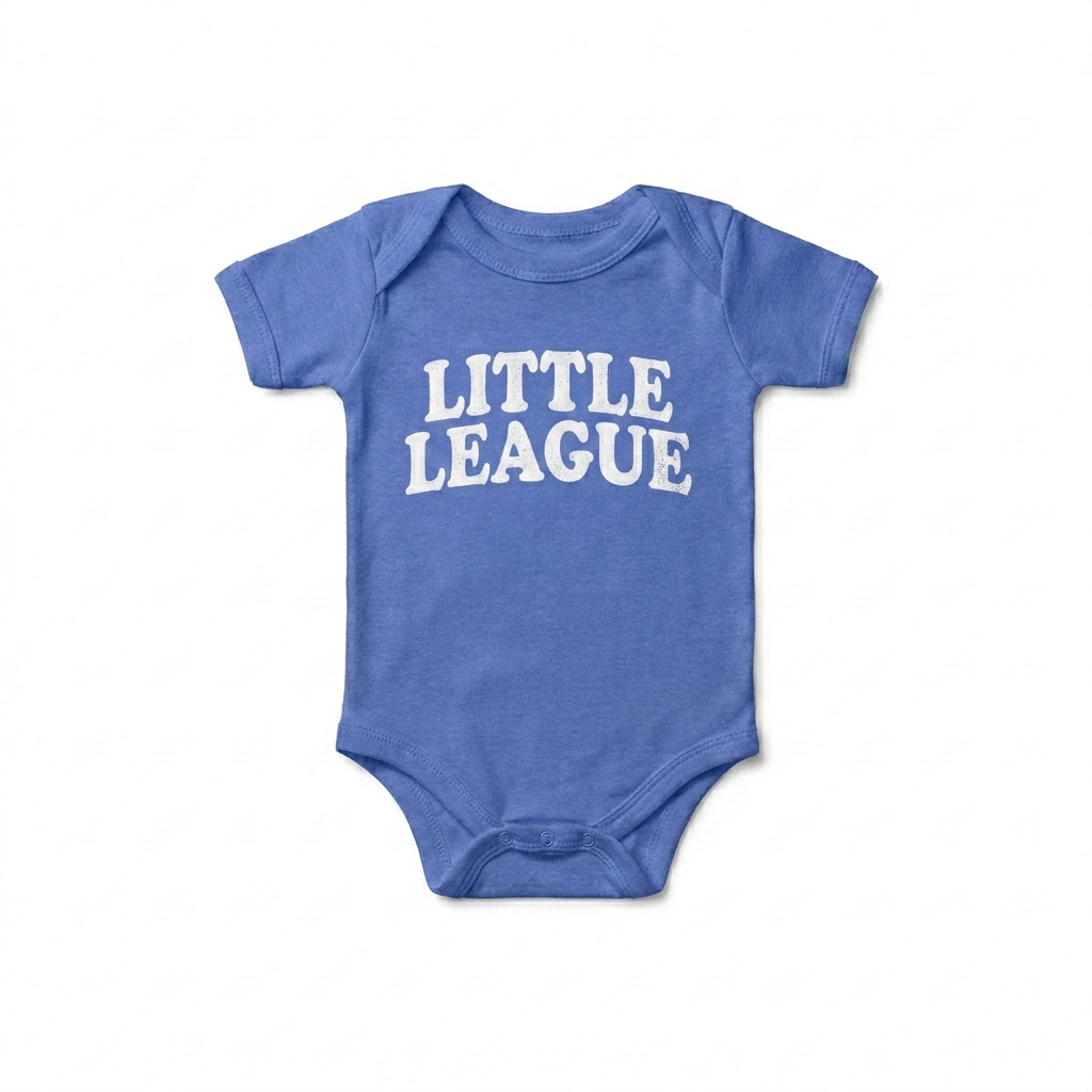 Custom Baby Short Sleeve One Piece design direction 3: Retro Collegiate Text featuring the LITTLE LEAGUE wordmark