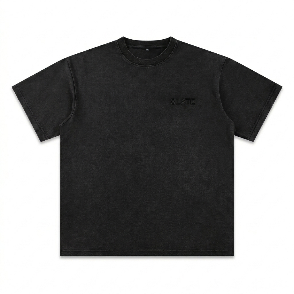 Custom Bamboo Slub Snow Washed T-Shirt design direction 1: Tonal Minimalist Wordmark featuring the SLATE wordmark