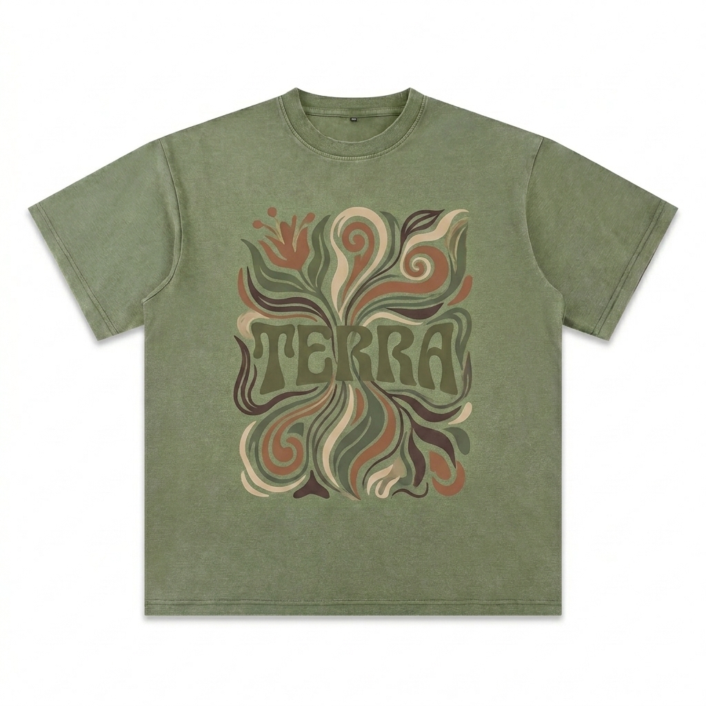 Custom Bamboo Slub Snow Washed T-Shirt design direction 2: Bold Graphic Illustration featuring the TERRA wordmark