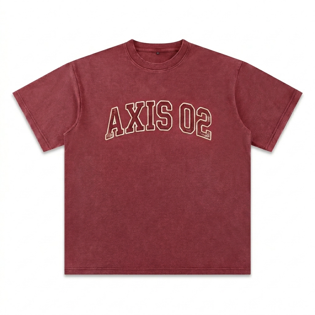 Custom Bamboo Slub Snow Washed T-Shirt design direction 3: Retro Collegiate Emblem featuring the AXIS 02 wordmark