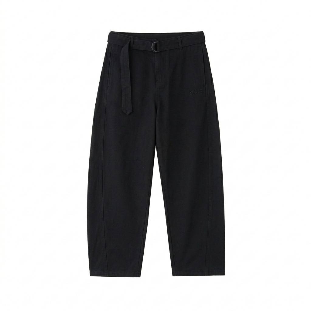 Custom Belted Barrel-Leg Chino Pants design direction 1: Tonal Utility Wordmark featuring the SLATE wordmark
