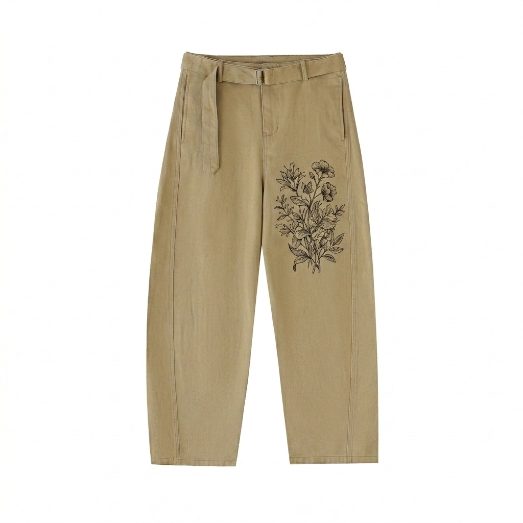 Custom Belted Barrel-Leg Chino Pants design direction 2: Botanical Sketch Graphic featuring the GOLDEN HOUR wordmark