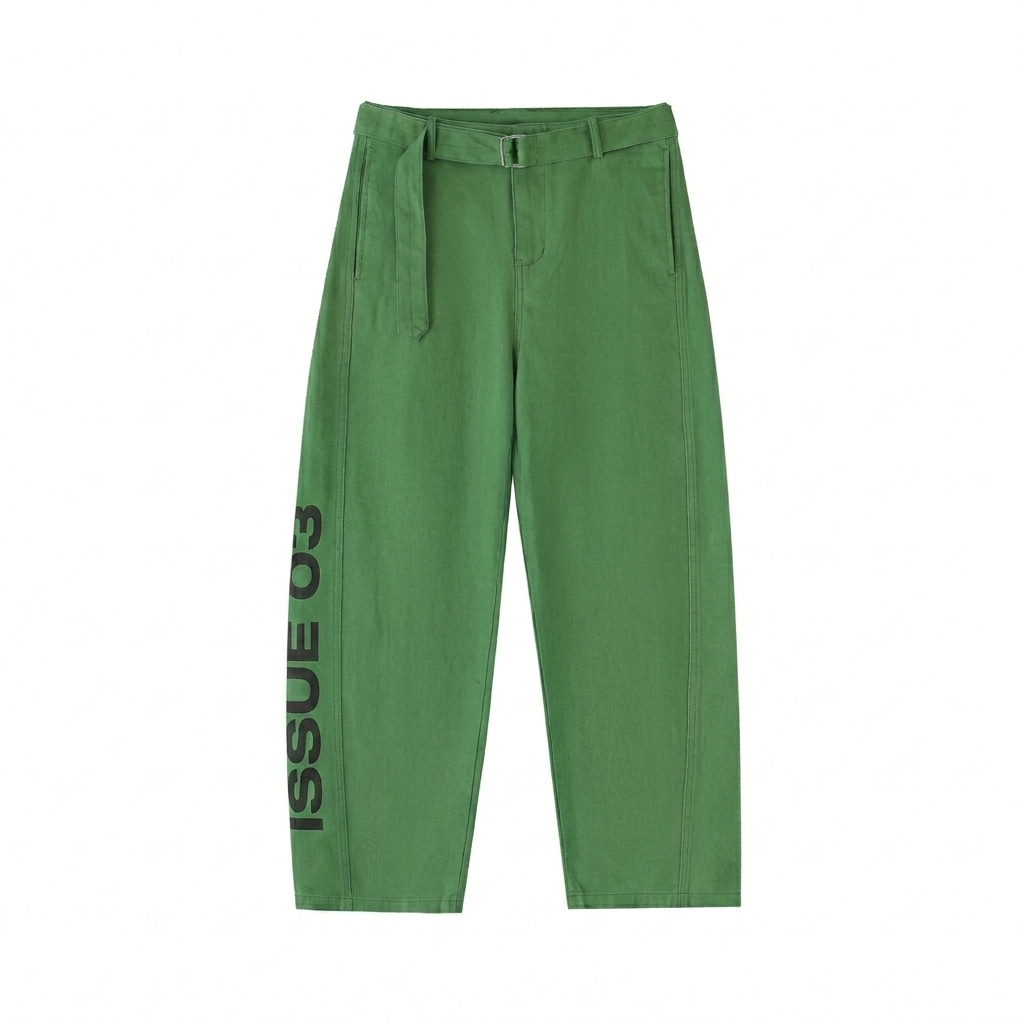 Custom Belted Barrel-Leg Chino Pants design direction 3: Experimental Vertical Typography featuring the ISSUE 03 wordmark